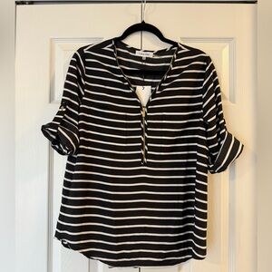 Calvin Klein Black and White Boxy Blouse with Cuffed Sleeves